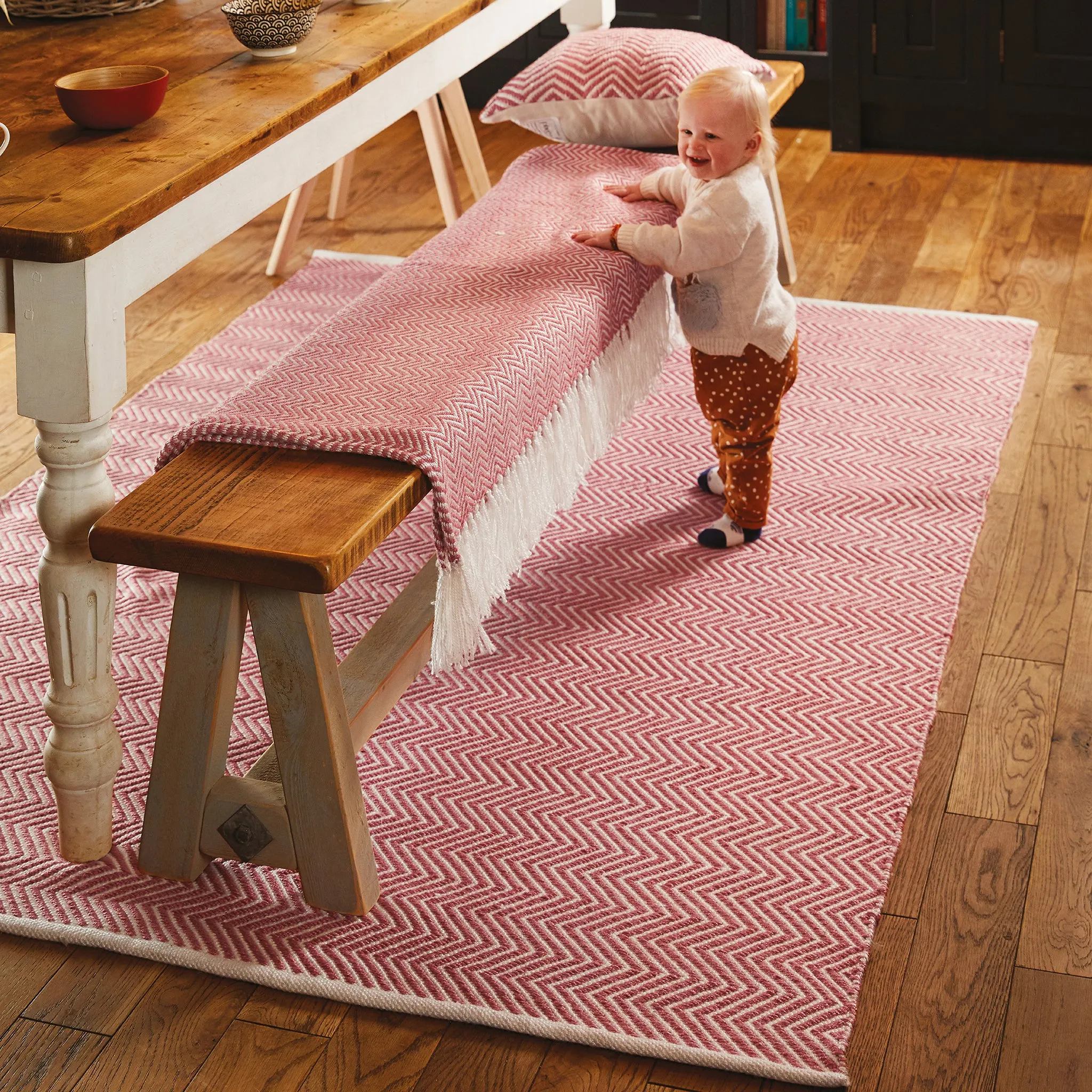 Herringbone Washable Rug Coral Pink