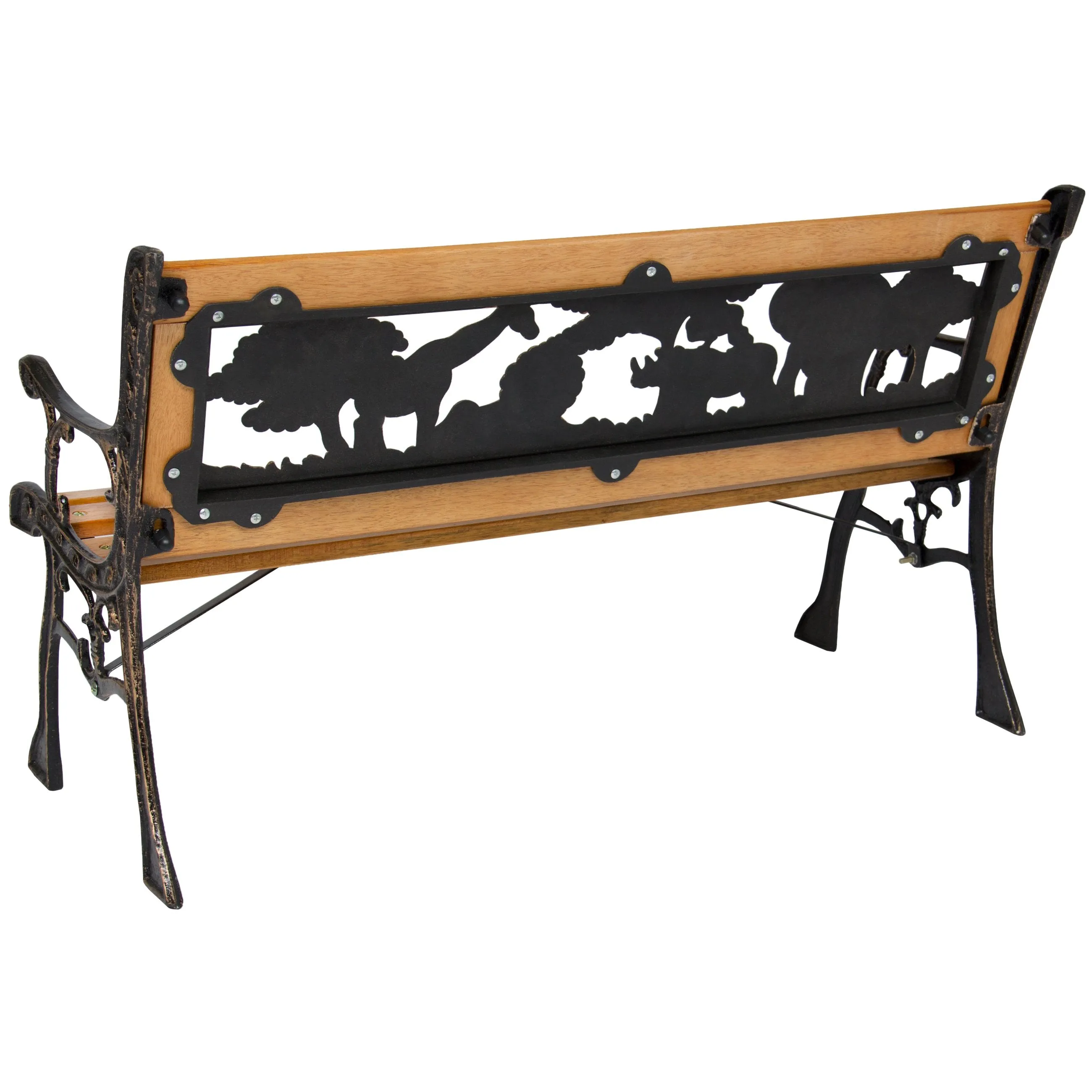 Kids Mini Sized Patio Park Bench w/ Safari Animal Accents - Brown