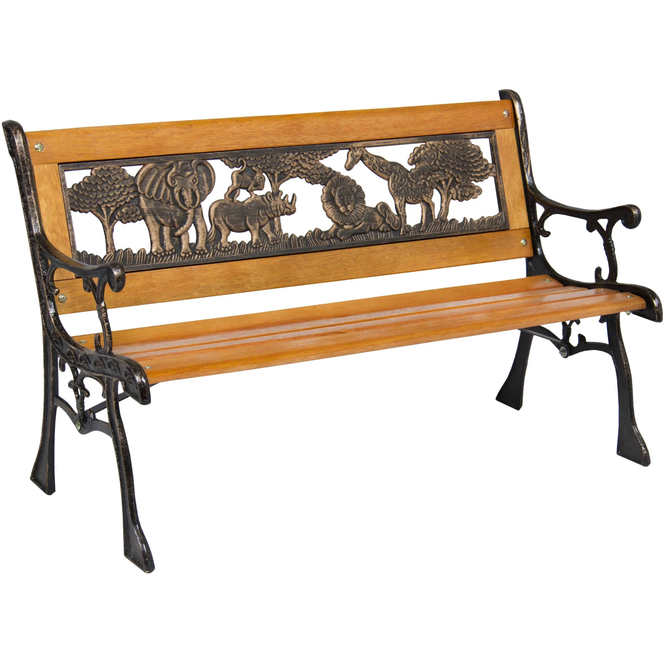 Kids Mini Sized Patio Park Bench w/ Safari Animal Accents - Brown