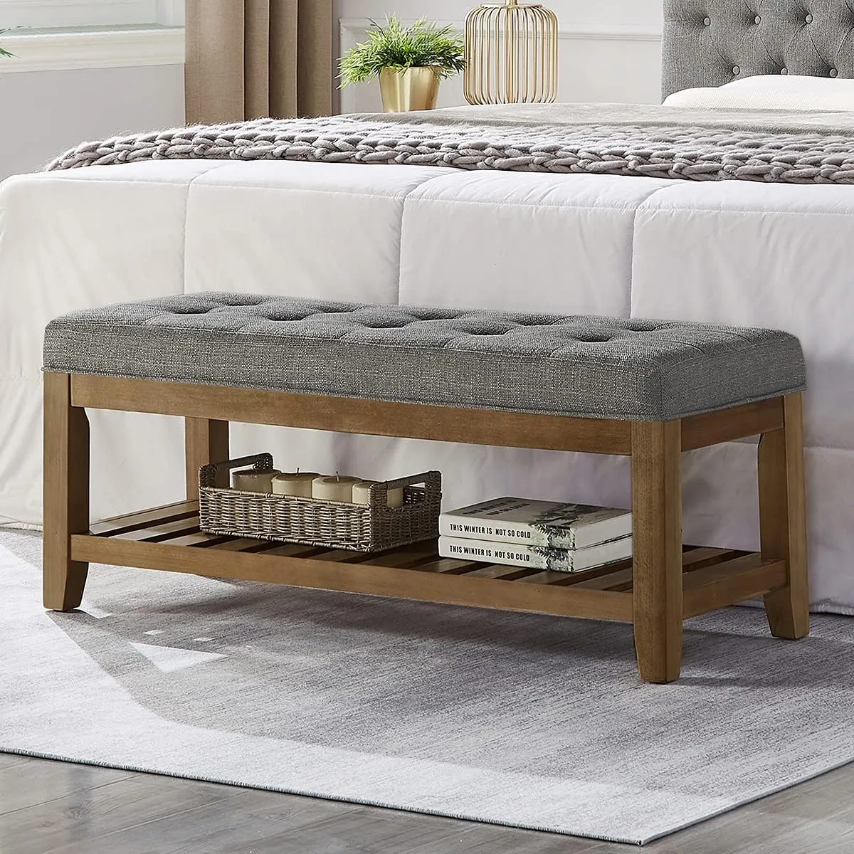 Large Rectangular Upholstered Tufted Linen Fabric Ottoman Bench