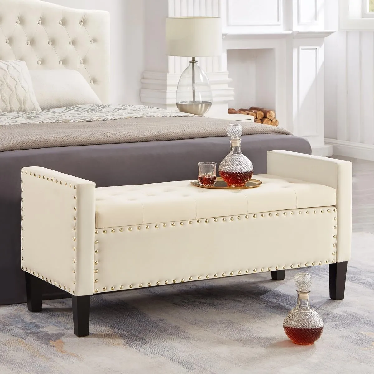 Large Rectangular Upholstered Tufted Linen Fabric Ottoman Bench