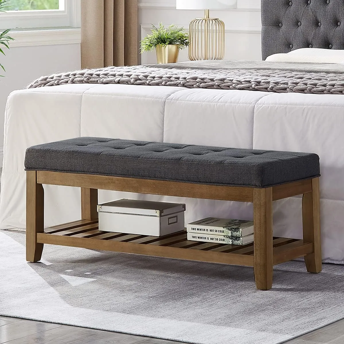 Large Rectangular Upholstered Tufted Linen Fabric Ottoman Bench