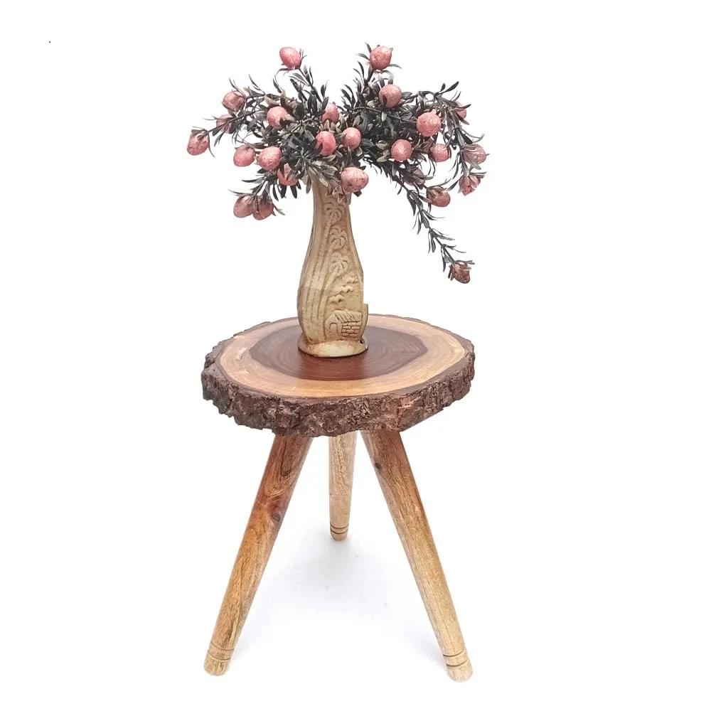 LATEST HANDICRAFTS Wooden Bark End Table for Living Room & Bedroom Decoration| Small Bedside table 3 Legs Foldable Side Table | Top Dia 10’’ x 12’’ Height (Brown Wooden Legs)