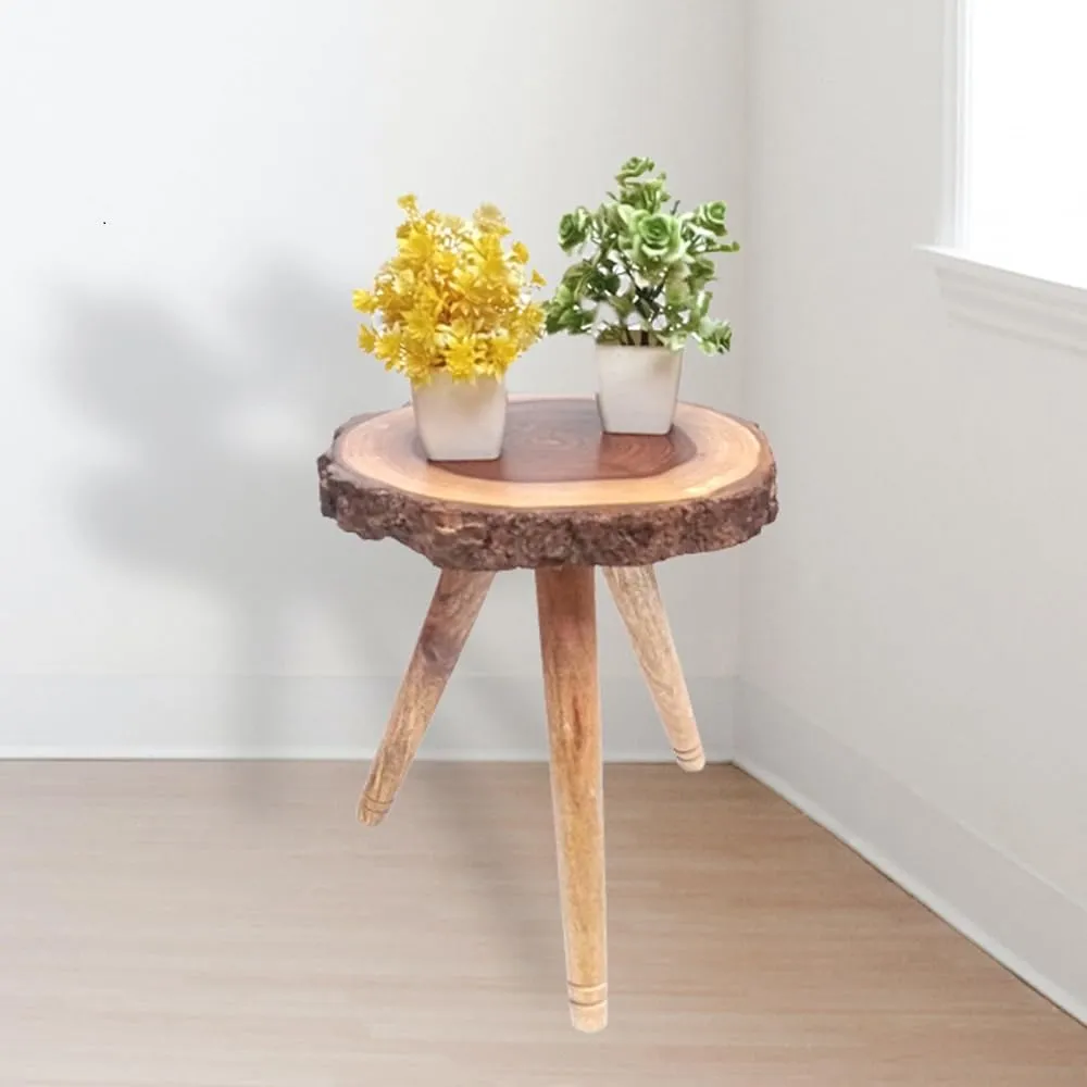 LATEST HANDICRAFTS Wooden Bark End Table for Living Room & Bedroom Decoration| Small Bedside table 3 Legs Foldable Side Table | Top Dia 10’’ x 12’’ Height (Brown Wooden Legs)