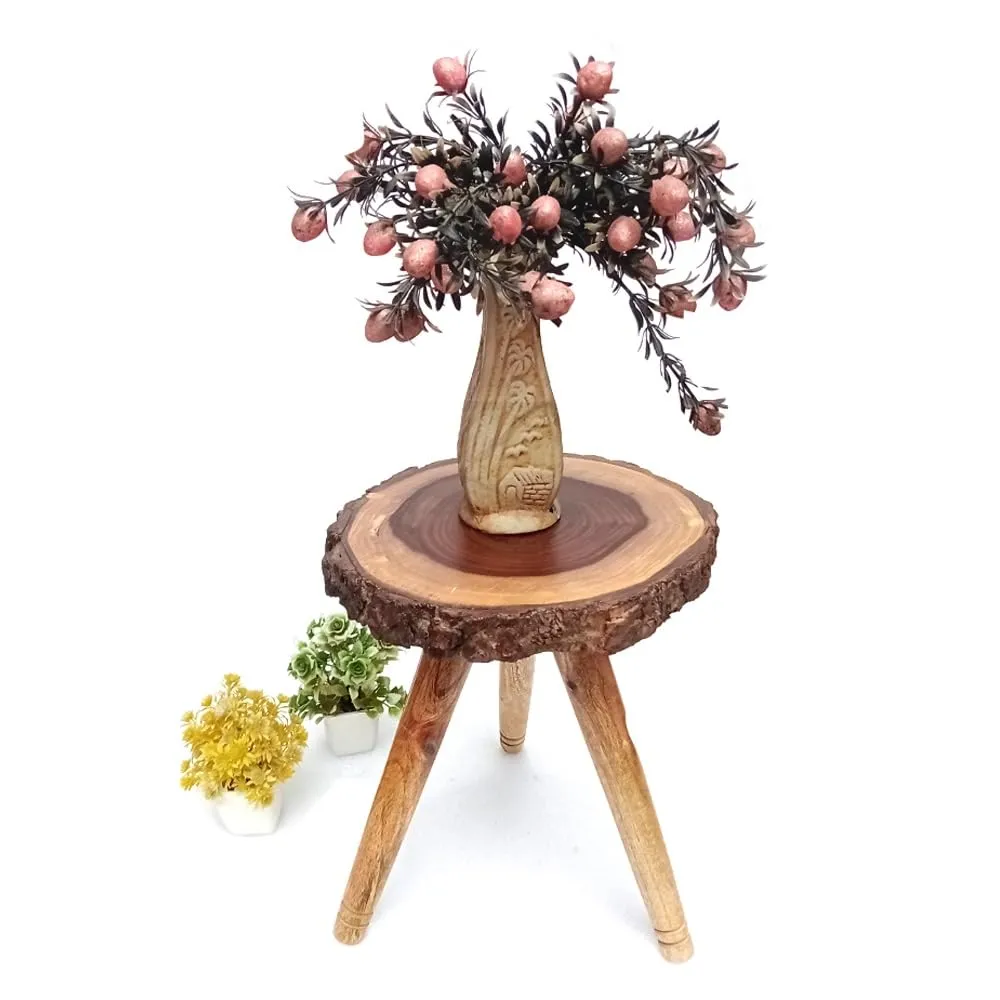 LATEST HANDICRAFTS Wooden Bark End Table for Living Room & Bedroom Decoration| Small Bedside table 3 Legs Foldable Side Table | Top Dia 10’’ x 12’’ Height (Brown Wooden Legs)