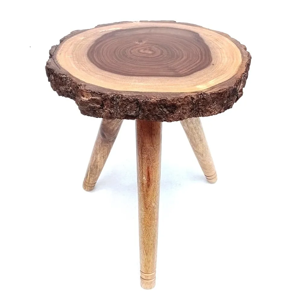 LATEST HANDICRAFTS Wooden Bark End Table for Living Room & Bedroom Decoration| Small Bedside table 3 Legs Foldable Side Table | Top Dia 10’’ x 12’’ Height (Brown Wooden Legs)