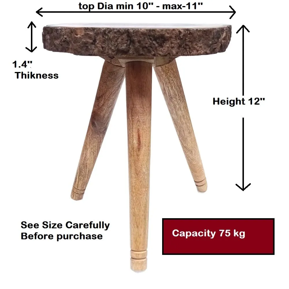 LATEST HANDICRAFTS Wooden Bark End Table for Living Room & Bedroom Decoration| Small Bedside table 3 Legs Foldable Side Table | Top Dia 10’’ x 12’’ Height (Brown Wooden Legs)