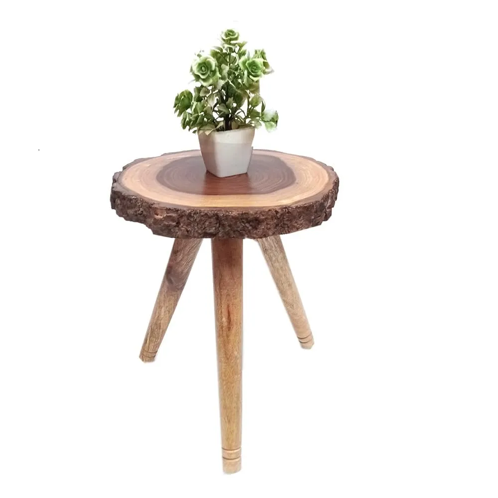 LATEST HANDICRAFTS Wooden Bark End Table for Living Room & Bedroom Decoration| Small Bedside table 3 Legs Foldable Side Table | Top Dia 10’’ x 12’’ Height (Brown Wooden Legs)