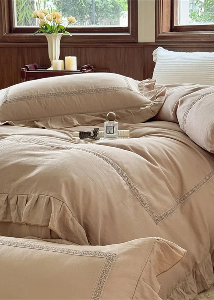 Madeleine Lace Double Gauze Ruffle Bedding Set / Brown