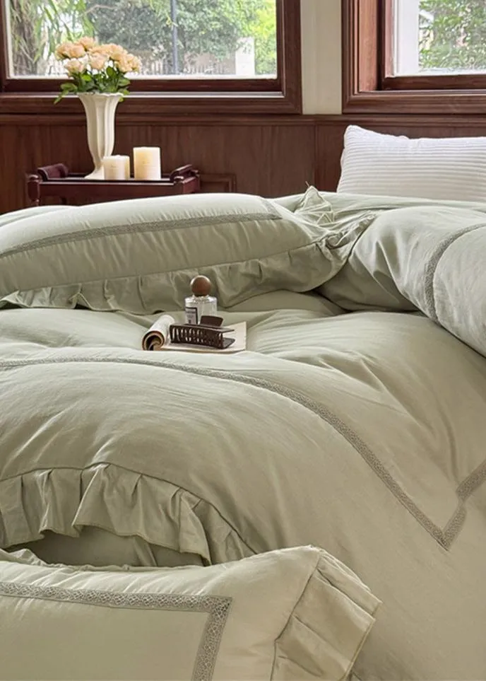 Madeleine Lace Double Gauze Ruffle Bedding Set / Brown