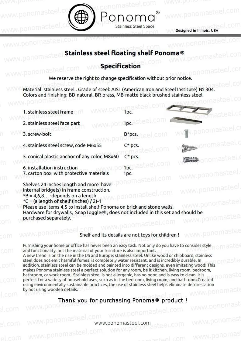 Metal shelves 27"- 32" (cm. 68.6 - 81) made-to-order shelves Ponoma®