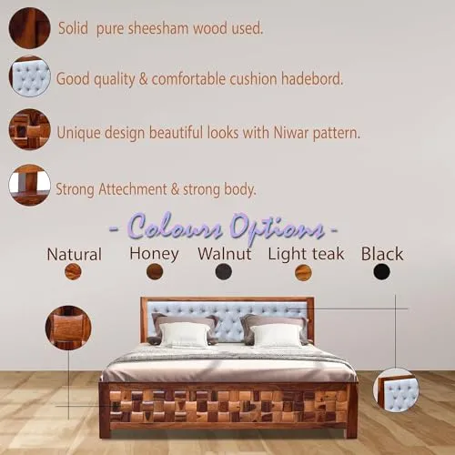 MoonWooden Solid Sheesham Wood Queen Size Bed without Storage |Wooden Double Bed Cot Bed & Grey Upholstered Cushioned Headboard for Bedroom |Dark Honey Finish