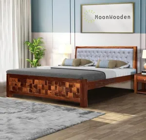 MoonWooden Solid Sheesham Wood Queen Size Bed without Storage |Wooden Double Bed Cot Bed & Grey Upholstered Cushioned Headboard for Bedroom |Dark Honey Finish