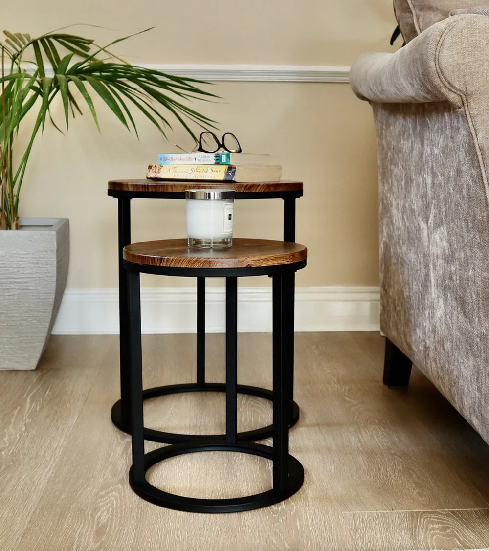 Paloma Set of 2 Round Nesting Tables, Vintage Tops and Black Base