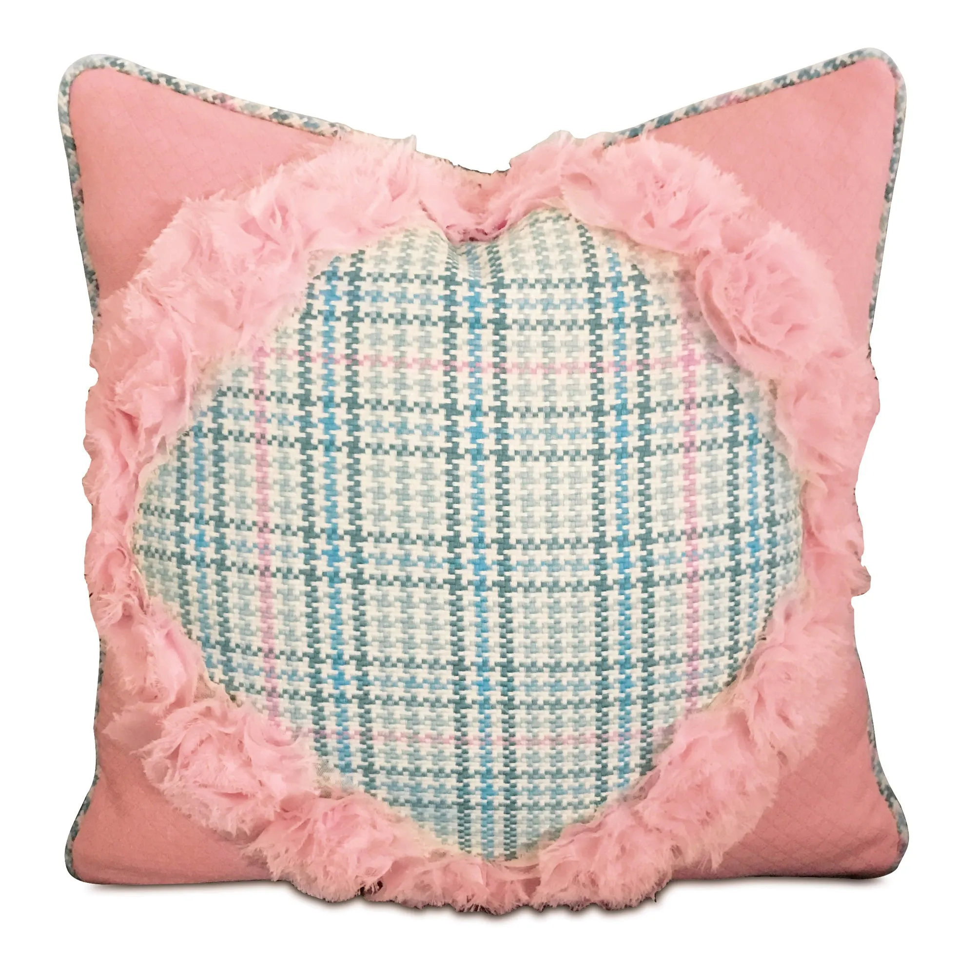 Pink Rose Lace Trim Plaid Throw Pillow Cover 16x16