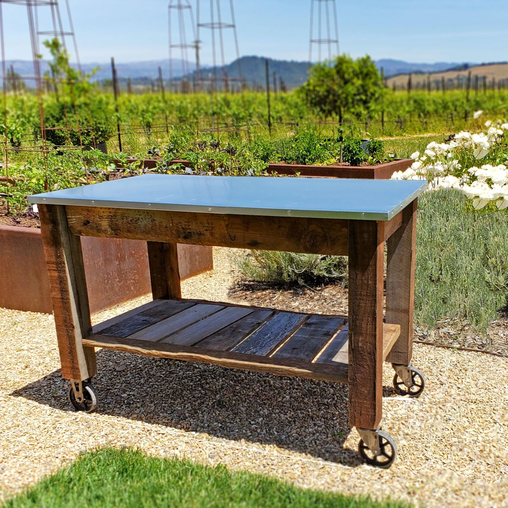 Redwood Potting Table Rolling Cart