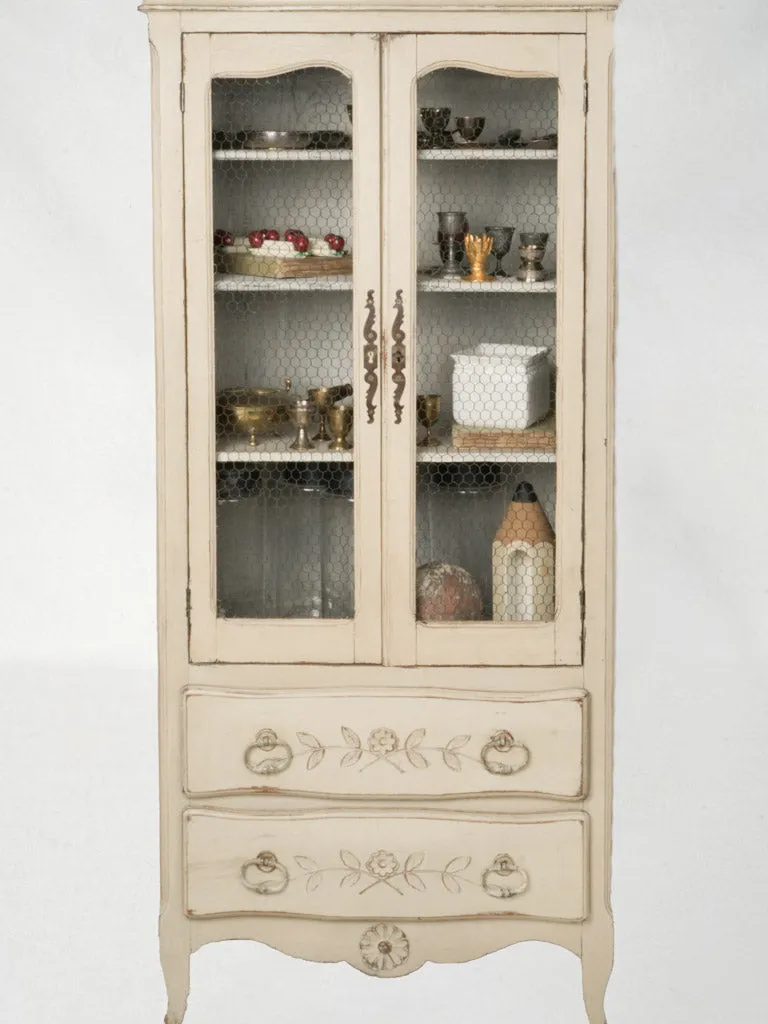 Small Antique French Hutch w/ Wire Doors & Beige Patina 59¾"