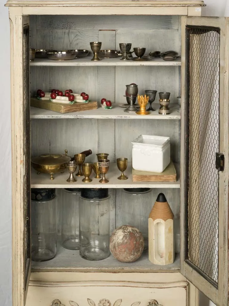 Small Antique French Hutch w/ Wire Doors & Beige Patina 59¾"