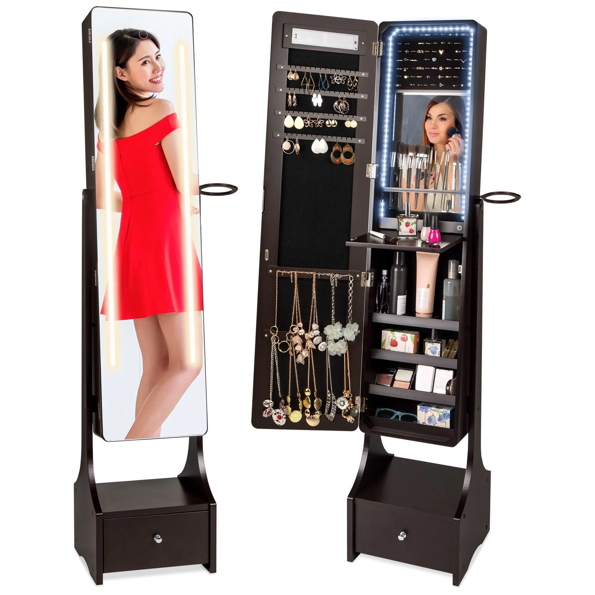 Standing Full Length LED Mirror Jewelry Armoire w/Interior & Exterior Lights