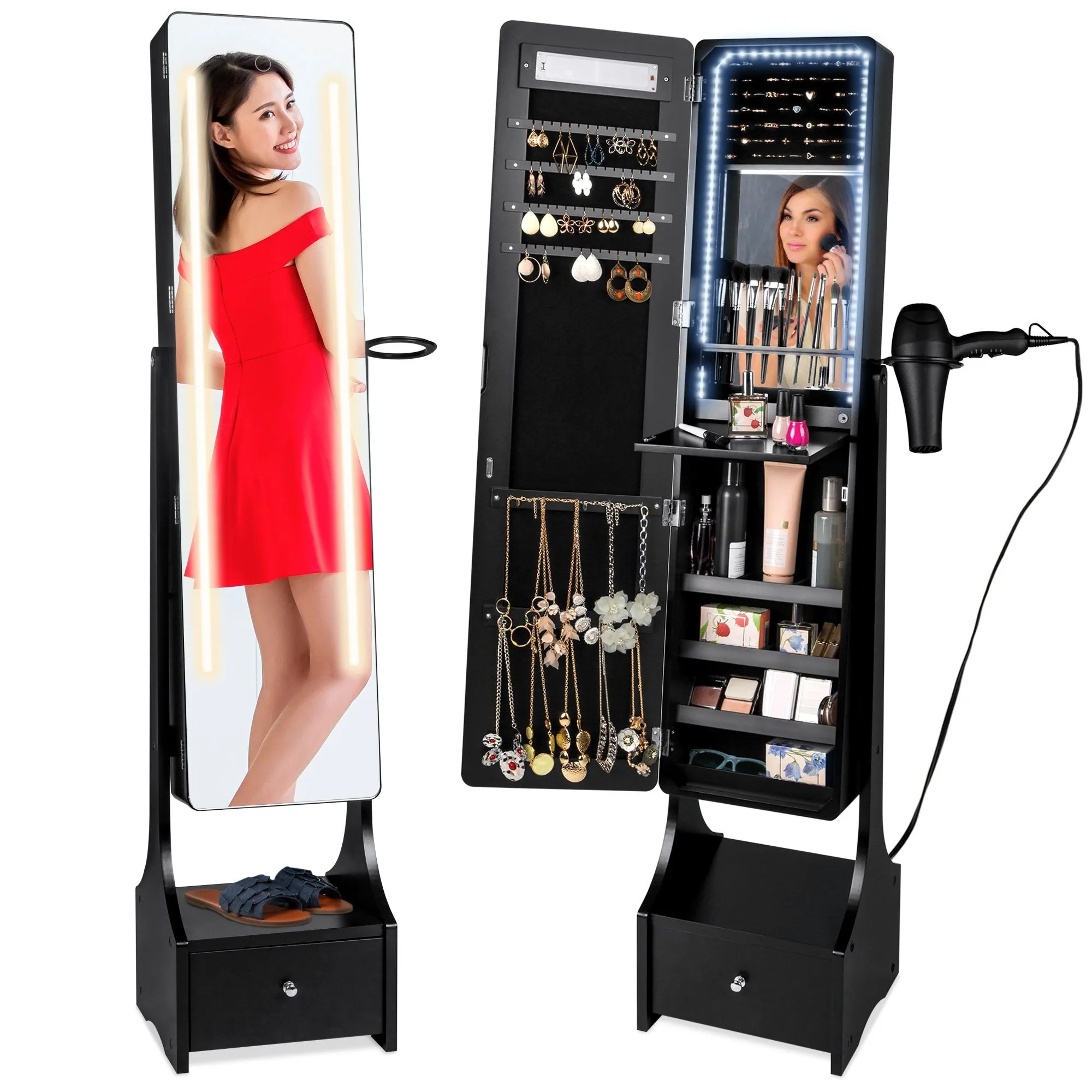 Standing Full Length LED Mirror Jewelry Armoire w/Interior & Exterior Lights