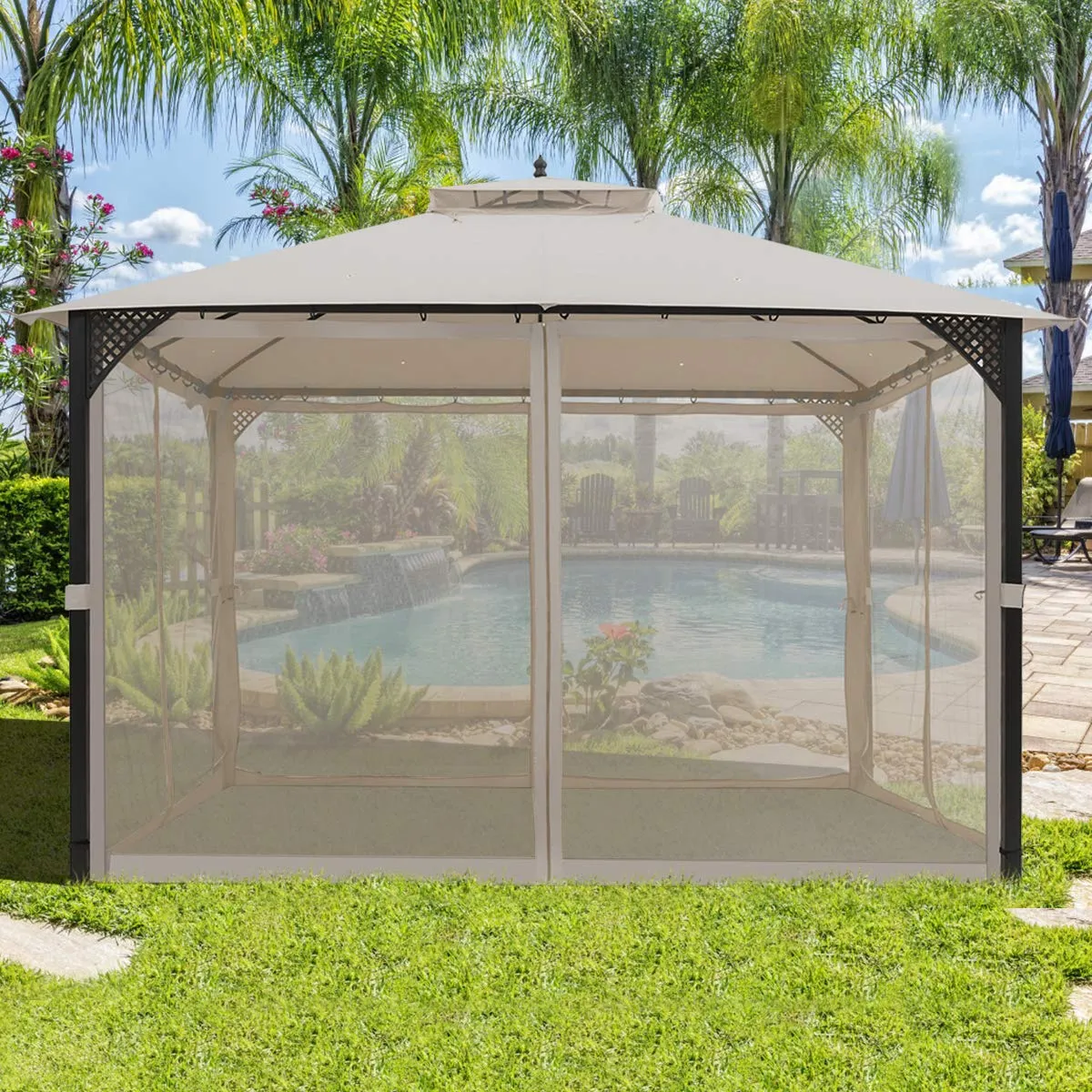 Tangkula 12 X 10FT Patio Gazebo, Air-Ventilated Canopy Party Tent w/Dual-Tiered Top for Backyard Garden Lawn