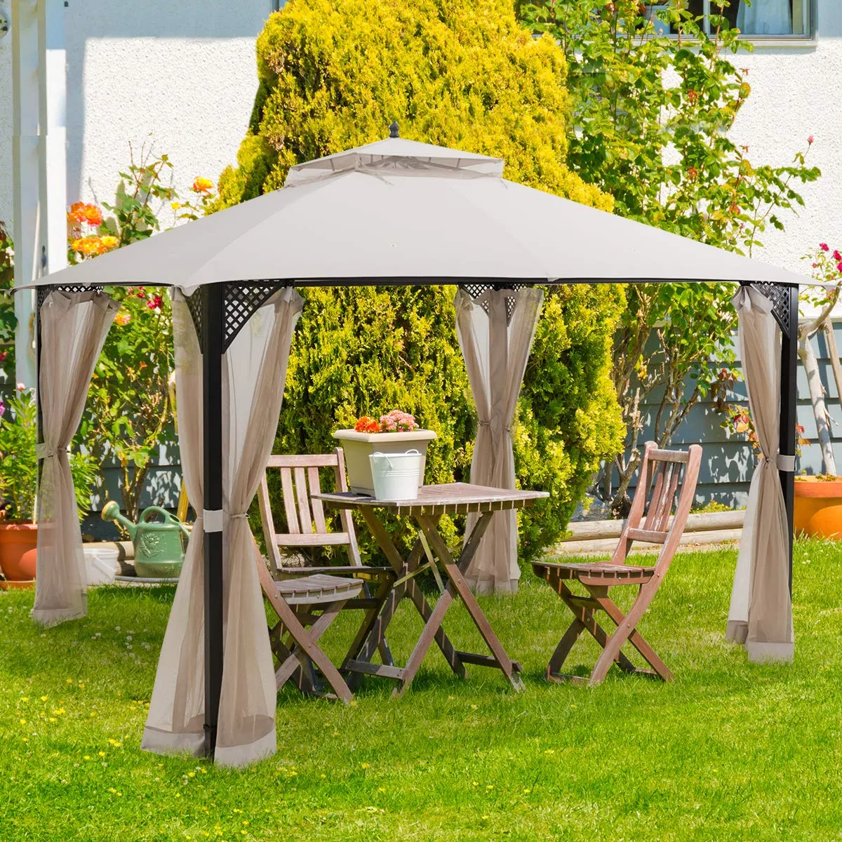 Tangkula 12 X 10FT Patio Gazebo, Air-Ventilated Canopy Party Tent w/Dual-Tiered Top for Backyard Garden Lawn