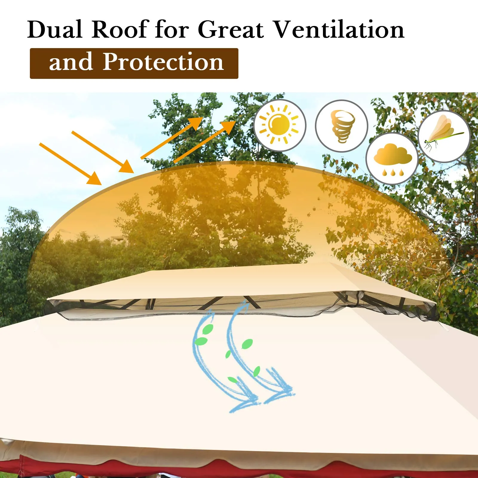 Tangkula 13x10 Feet Patio Steel Gazebo, Large Outdoor Canopy Gazebo with Netting, Side Walls, Zippers, 2 Tier Roof, Steel Canopy Gazebo