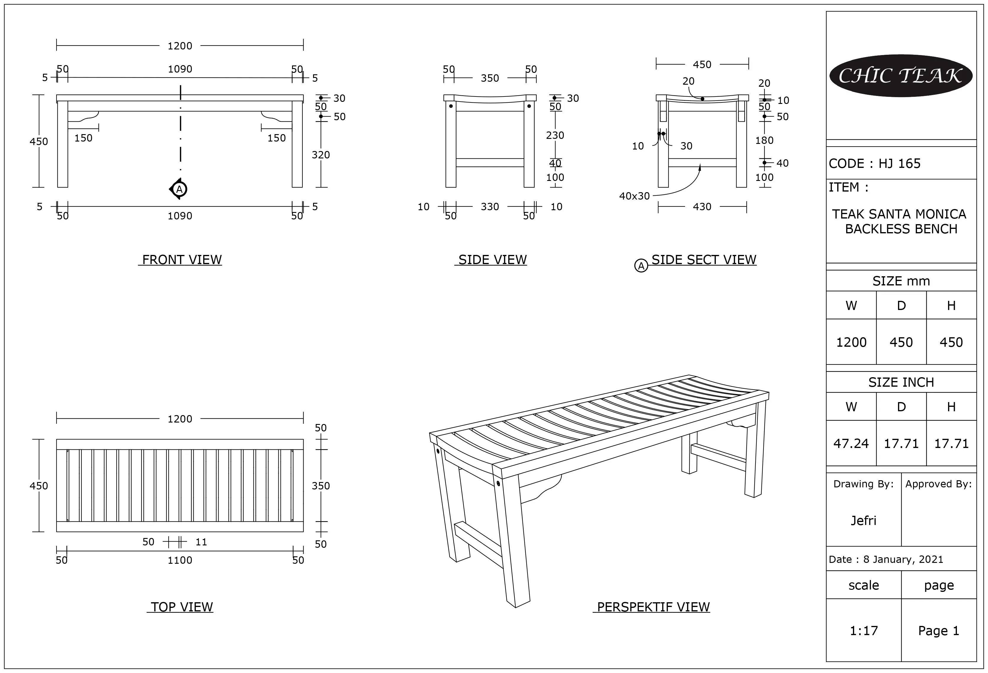 Teak Wood Santa Monica Backless Bench - 4 foot