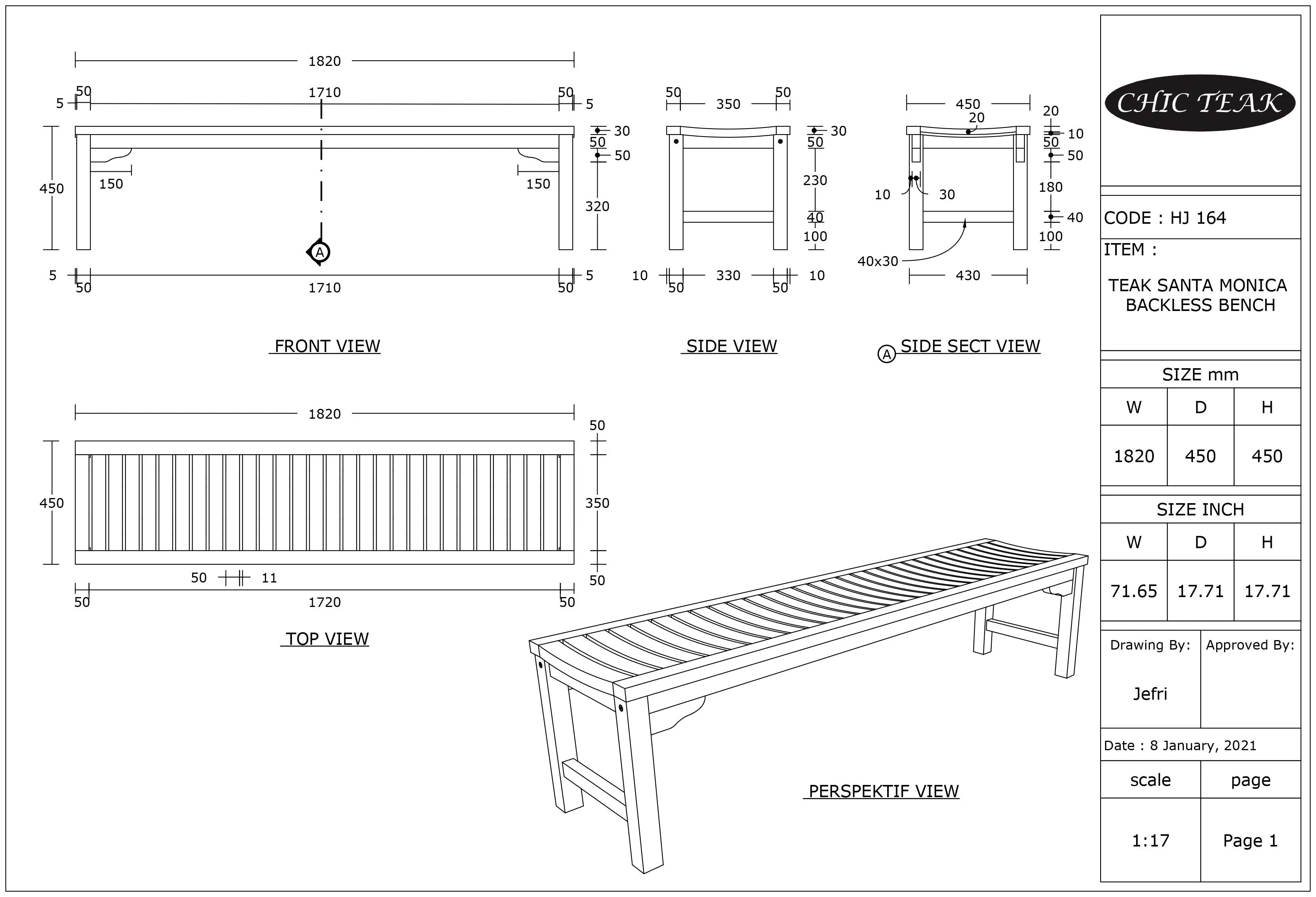 Teak Wood Santa Monica Backless Bench - 6 foot