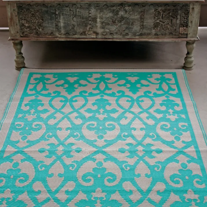 Venice Traditional Recycled Plastic Turquoise and Cream Outdoor Rug