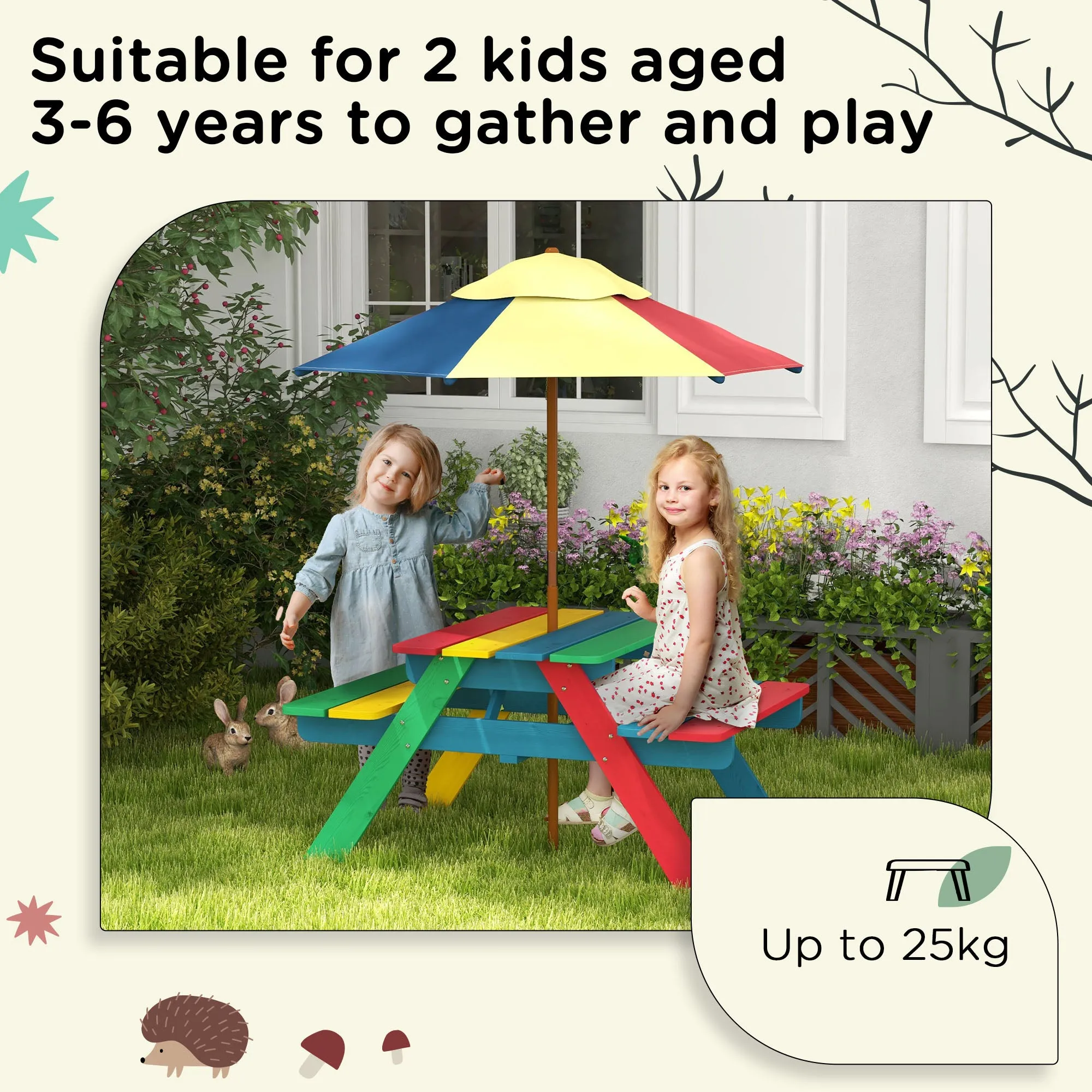 Wooden Kids Table and Chair Set with Removable Parasol, for Ages 3-6 Years - Multicoloured