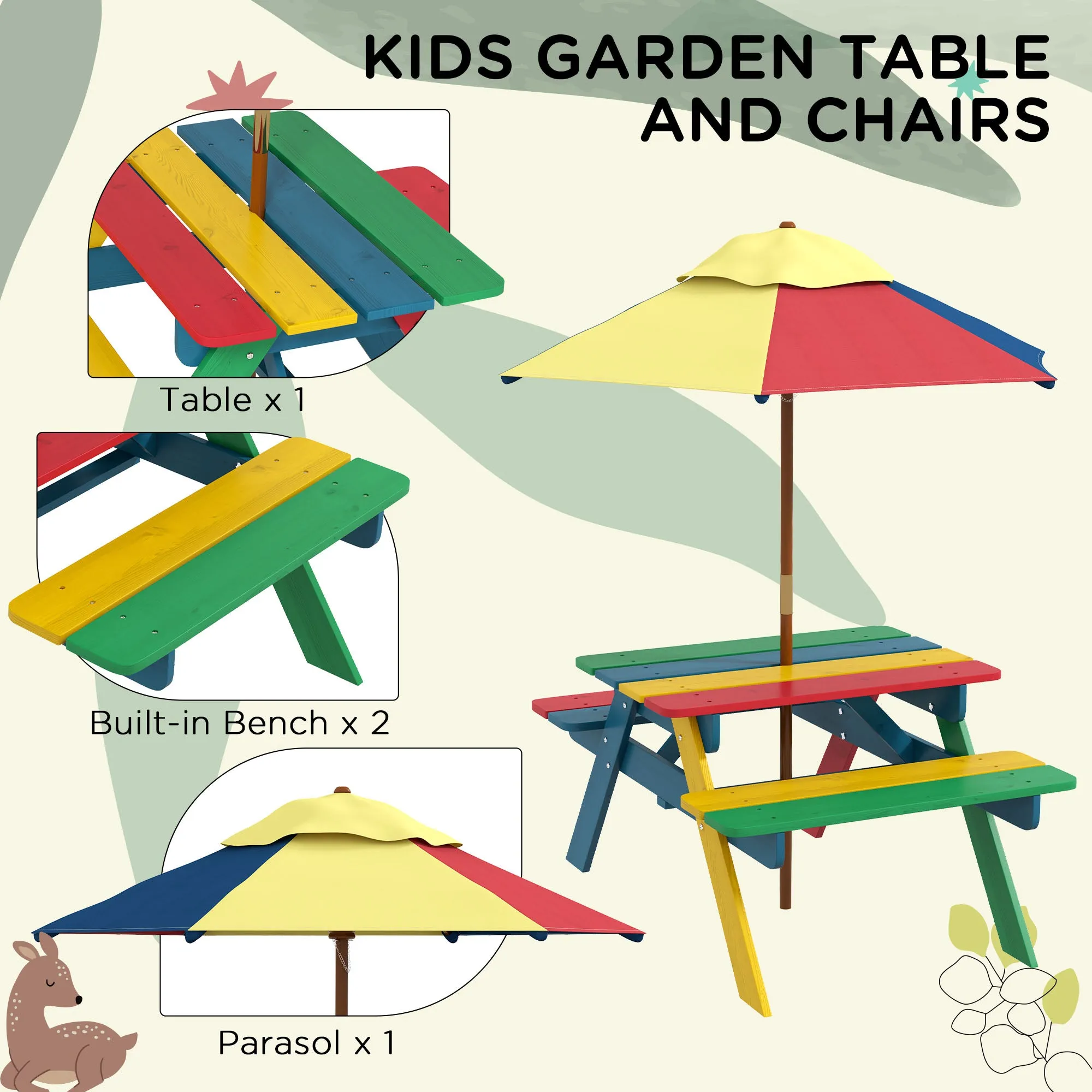 Wooden Kids Table and Chair Set with Removable Parasol, for Ages 3-6 Years - Multicoloured