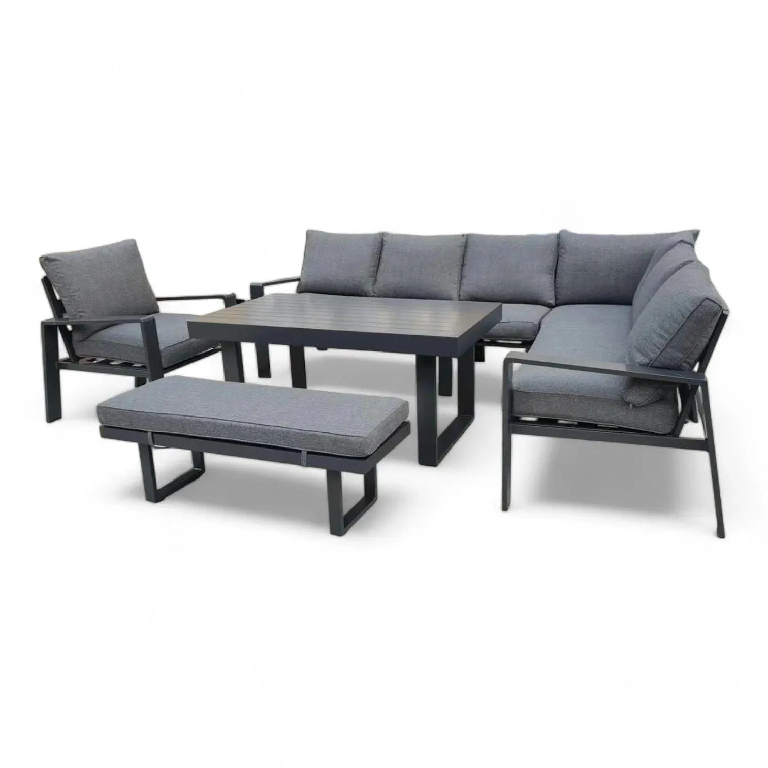 Wooden Twist Verbose Aluminum Cushioned L-Shaped 3 3 2 with 1 Table & Footrest Sofa Set - Elegant Outdoor Furniture for Patio and Garden