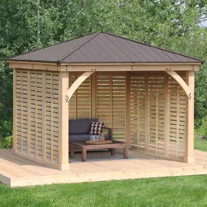 Yardistry 12ft x 12ft (3.7 x 3.7m) Cedar Meridian Gazebo with Triple Privacy Wall & Aluminium Roof